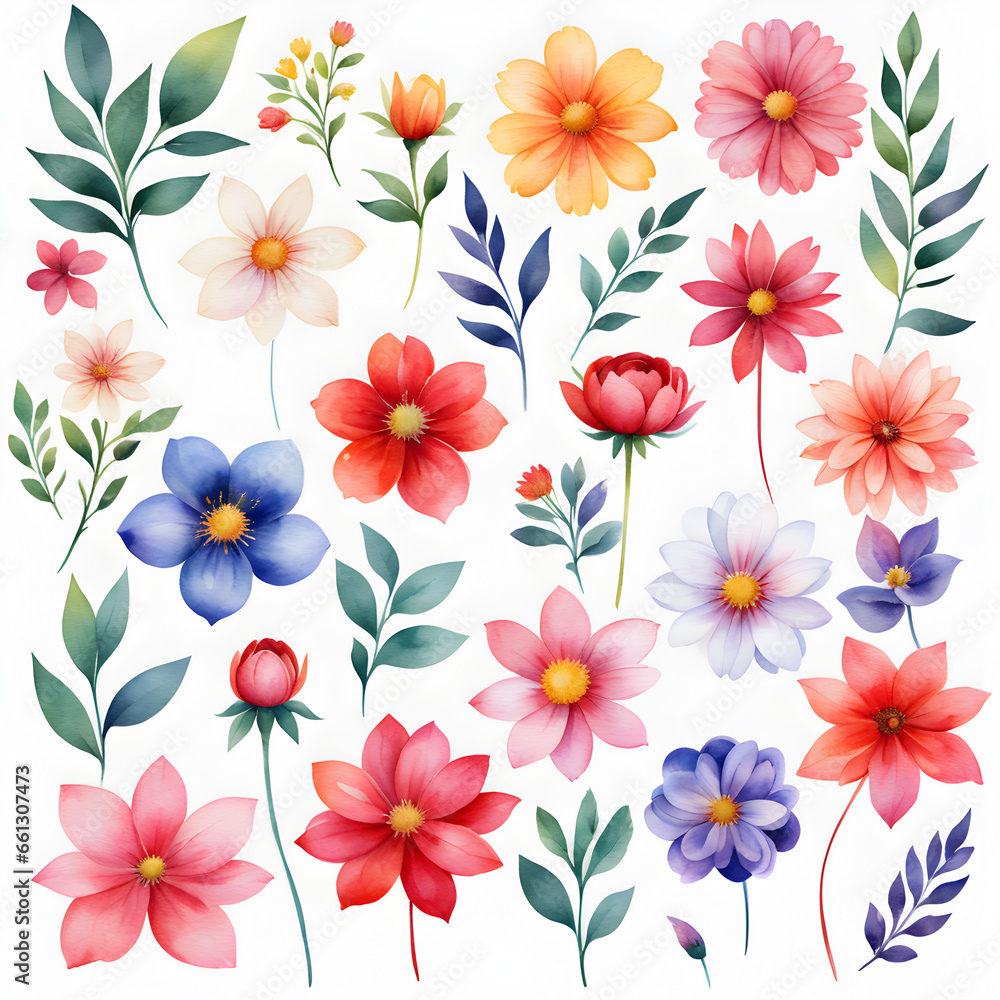watercolor flower clipart set on white or black background. ai generative