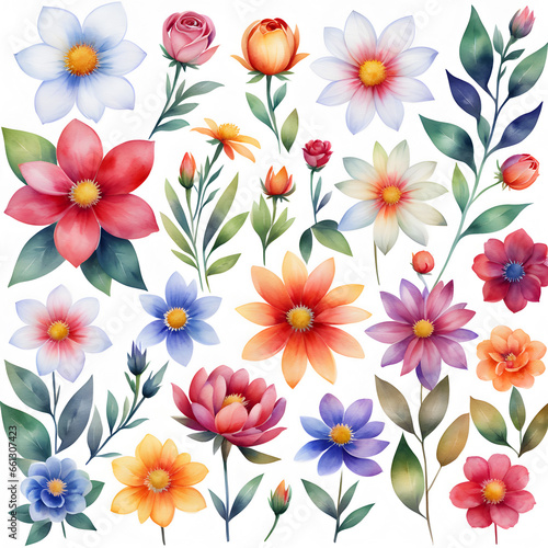 watercolor flower clipart set on white or black background. ai generative