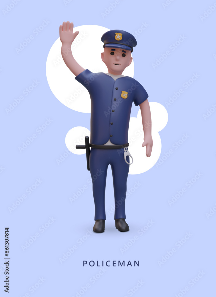 Poster with man raises his hand and greets. Policeman in costume, with sheriff star in realistic 3d style. Justice and law concept. Vector illustration with blue background