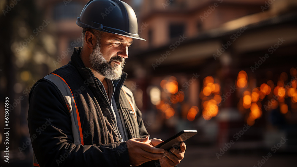 Rear view of the master foreman in uniform and helmet watches, controls the construction of the house. Rear view of the master foreman in uniform and helmet watches, controls the construction of the house.