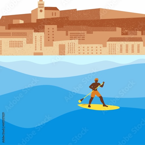 summer concept style, people sufing on the sea with building background illustration photo