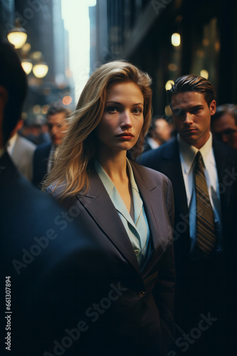 Portrait of business woman in busy street. Editorial concept.