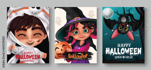 Halloween characters tags vector set poster design. Happy halloween greeting card with horror character like mummy, witch and bat cartoon elements gift tag collection. Vector illustration holiday 