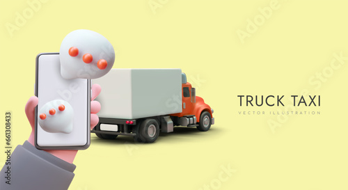 Truck taxi. Call cargo taxi from phone. Transportation of oversized cargo, organization of moving. Tractor unit with unmarked trailer. Vector header, banner, flyer with place for text