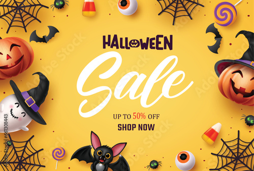 Halloween sale text vector banner design. Halloween sale discount offer promo flyers with horror characters and elements in yellow background. Vector illustration holiday promotion advertisement.
