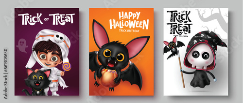 Halloween characters tags vector set poster. Trick or treat greeting card collection with cute horror character costume postcard lay out design. Vector illustration halloween tags and dedication card 