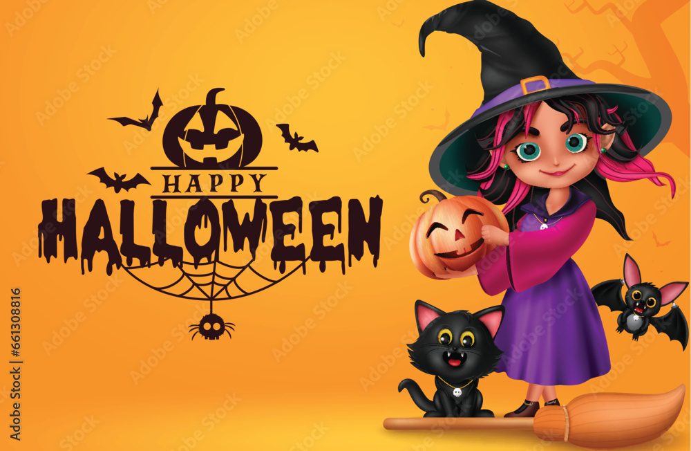 Happy halloween text vector design. Halloween witch girl character with cat, bat and pumpkin elements in yellow background for horror greeting card. Vector illustration trick or treat invitation card.