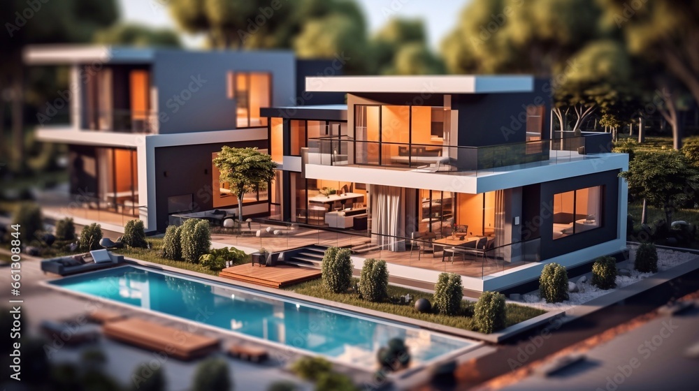 3d rendering of modern cozy house with pool and parking for sale or rent in luxurious style. Generative AI