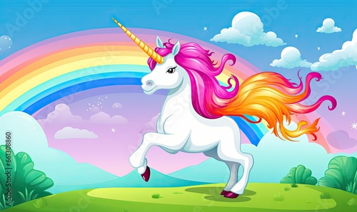 Photo of a colorful cartoon unicorn with a vibrant rainbow backdrop