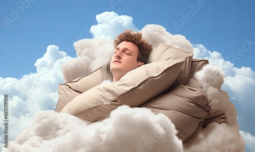 A man floating on a cloud of pillows in a dreamlike scene