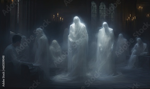 A group of people standing in a dark room, creating a ghostly atmosphere