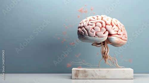 a image of Brain in front of wall with lamp, 3d rendering. Computer digital drawing. art work, artist room Generative AI