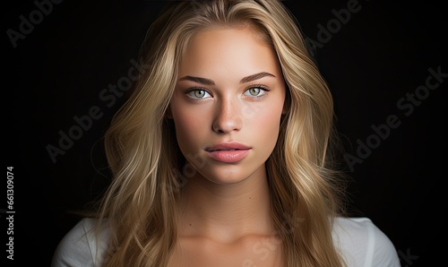 A woman with long blonde hair and blue eyes