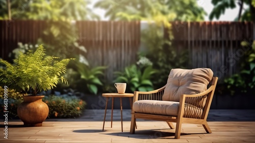 a image of Chairs And Umbrella In The Garden. 3d Rendering very important person place Generative AI