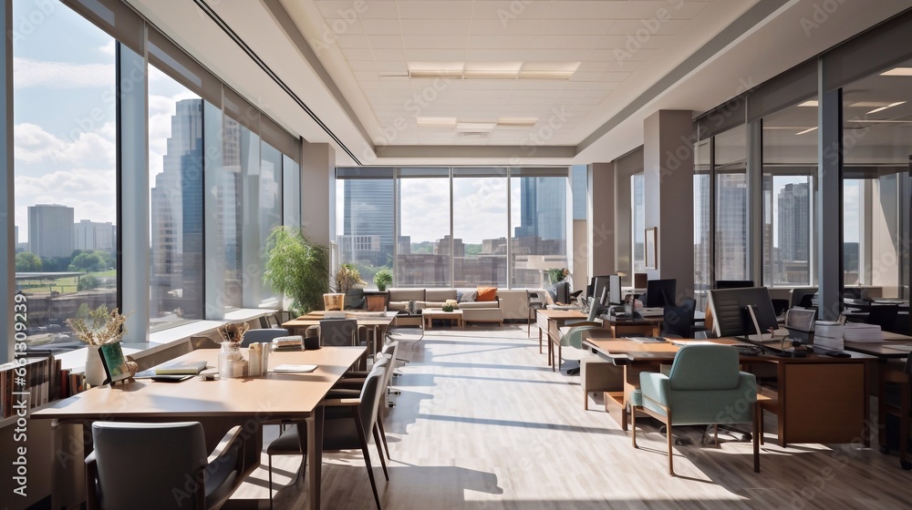 a image of Modern restaurant and hotel interior with panoramic windows and city view. 3D Rendering Generative AI