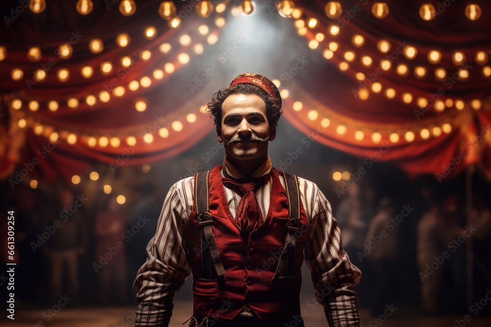 a image of Portrait of a joker man in joker costume at the circus waiting festival backstage Generative AI a image of Portrait of a joker man in joker costume at the circus waiting festival backstage Generative AI