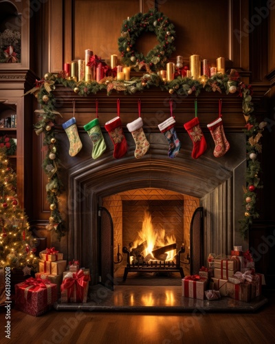 Holiday stockings hanging over a cozy fireplace in a cozy living room decorated with holiday decorations.