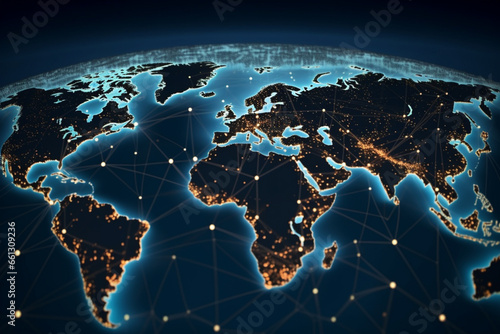 A background representing exports  imports or connected networks on a world map with large cities illuminated by stylish dots