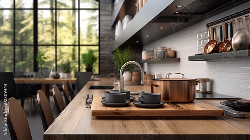 a photo of 3d rendering of a modern kitchen interior design with wooden counter top Generative AI