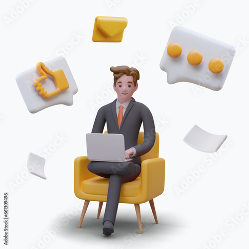 Young man in office suit sitting in armchair, holding laptop and chatting with client. 3d business people concept. Vector illustration in gray and yellow colors