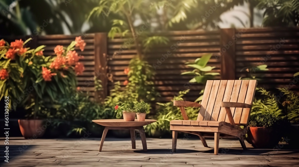 a photo of Chairs And Umbrella In The Garden. 3d Rendering very important person place Generative AI a photo of Chairs And Umbrella In The Garden. 3d Rendering very important person place Generative AI