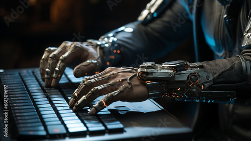 Robot hands over laptop keyboard. Ai generated
