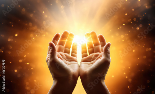 someone who is raising his hands to pray with the effect of a bright beam of light. generative AI