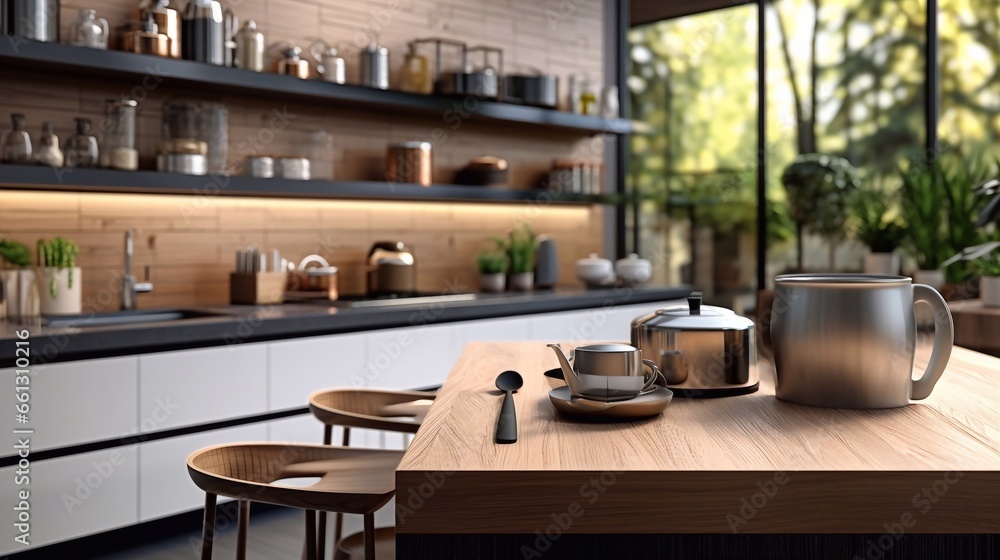 a picture of 3d rendering of a modern kitchen interior design with wooden counter top Generative AI