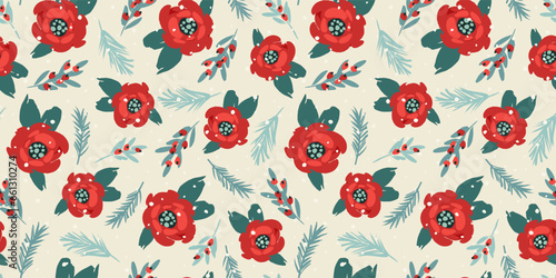 Christmas and Happy New Year seamless pattern. Christmas tree, flowers, berries. New Year symbols. Vector design