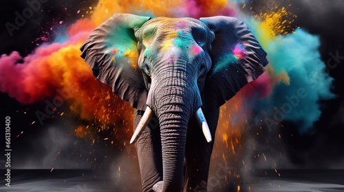 a picture of Elephant in a colorful smoke on a color background. Close up. concept holi of India. Generative AI