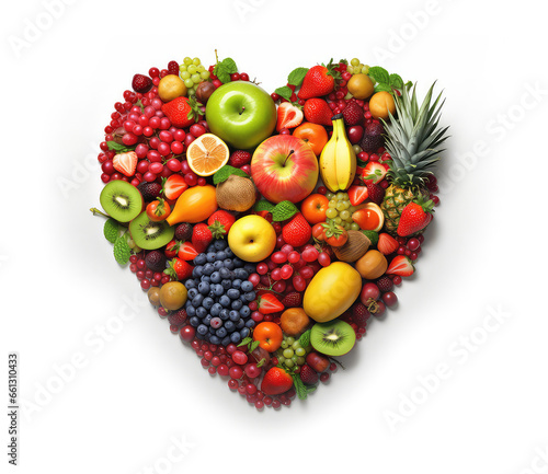 a collection of fruits of various types arranged to form a heart symbol on white background. generative AI