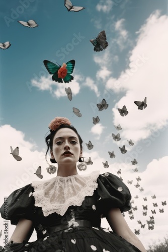 Vintage Retro Portrait Photograph of Woman with butterflies and winged creatures, aqua and black and white, surreal mood, quirky, weird, puffy dress and dangly earrings, unusual, unsettling, artistic  photo