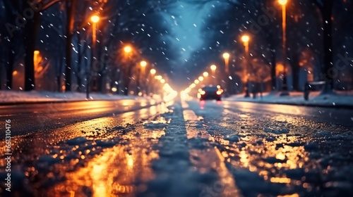a picture of Night city road with traffic lights and falling snow, winter landscape. Generative AI