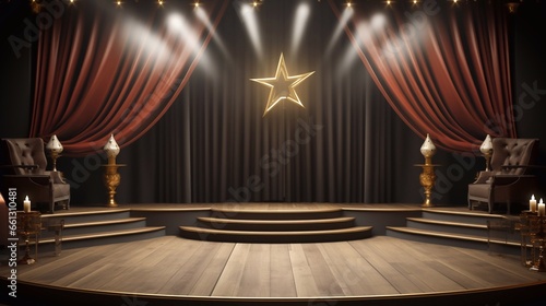 a picture of Podium and golden stars on the stage. 3D rendering party function celebration day Generative AI