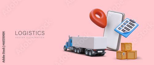 3d truck, modern smartphone, pin and parcels. Logistic and transportation concept. Colorful poster with pink background and place for text. Vector illustration photo