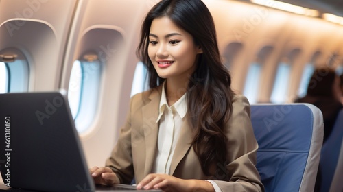 business woman working on laptop in airplane Generative AI © Saim Art