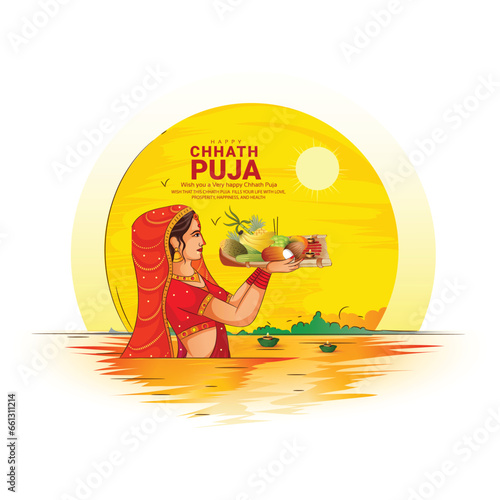 vector illustration of Chhath Puja,traditional puja ceremony of God Sun festival of India.

