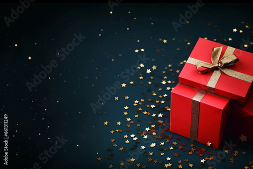 A red festive box with a tag on a dark background with a vignette and star confetti, place for text