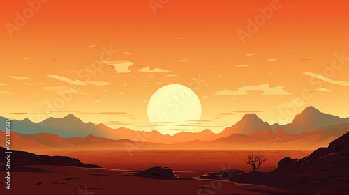 A serene and solitary desert sunset scene  featuring a vast horizon view with warm  golden hues painting the sky and landscape