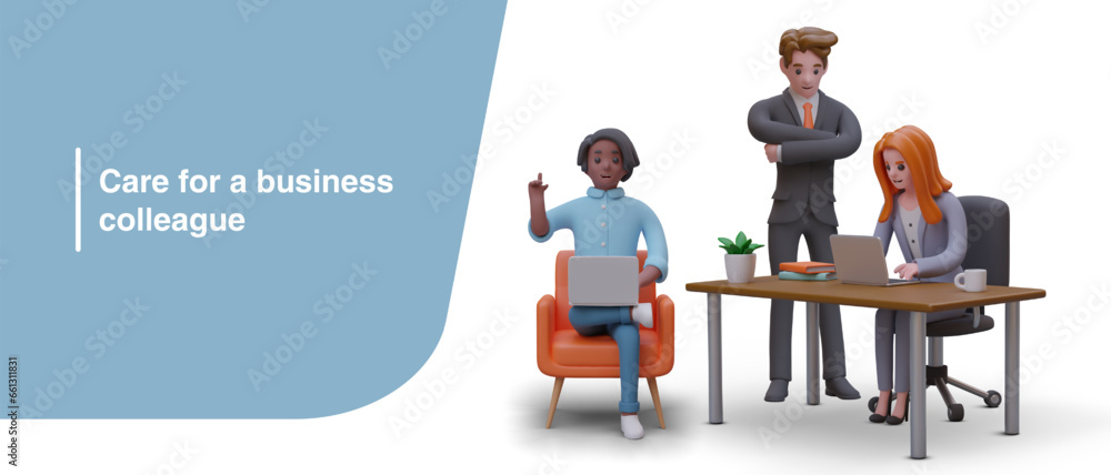 Care for business colleague. Mutual support, help. Team work. Comfortable working conditions. Vector color composition on white background, place for text Care for business colleague. Mutual support, help. Team work. Comfortable working conditions. Vector color composition on white background, place for text