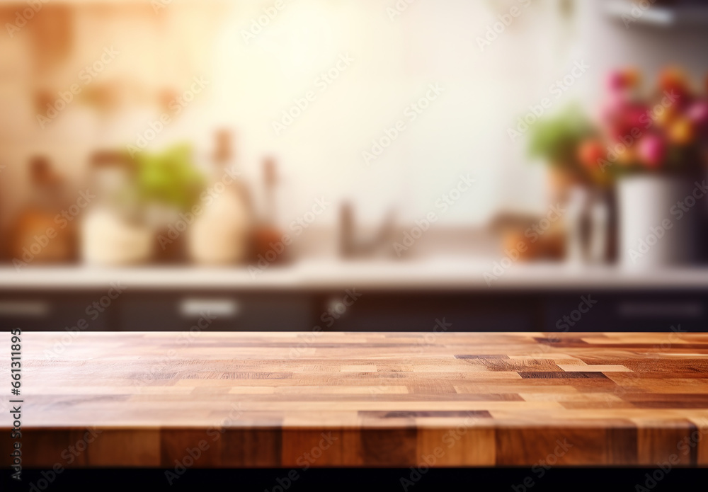 Wooden table with bright blurred kitchen background Wooden table with bright blurred kitchen background