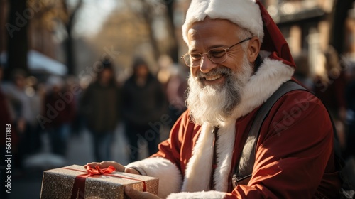 A fictional elderly man dressed as Santa gives out gifts.