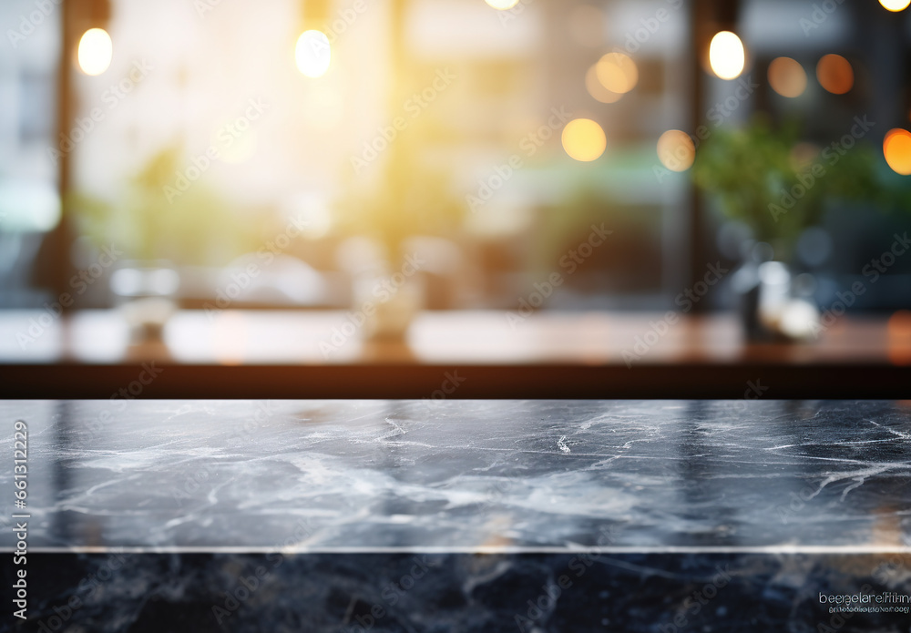 Empty table marble countertop with bright kitchen background