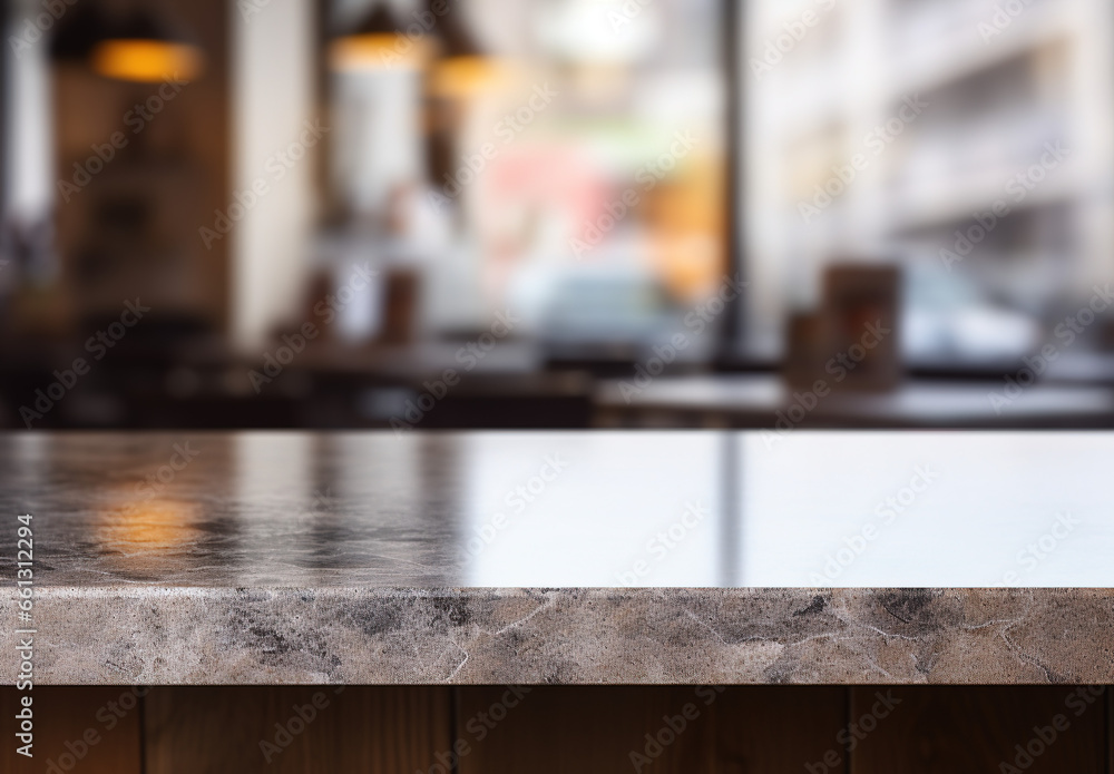 Empty table marble countertop with bright restaurant background