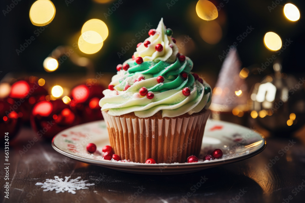 Christmas tree shaped cupcakes on the background of Christmas golden bokeh.Christmas holiday food Christmas tree shaped cupcakes on the background of Christmas golden bokeh.Christmas holiday food