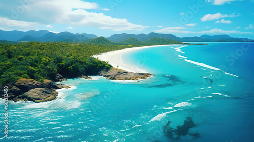 Aerial Drone view of Whitehaven Beach in the Whitsundays, Queensland, Australia. Generative Ai