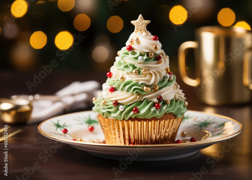 Christmas tree shaped cupcakes on the background of Christmas golden bokeh.Christmas holiday food