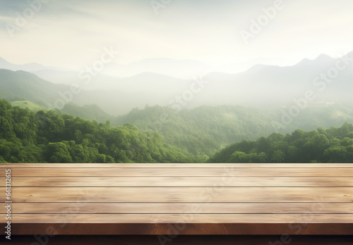Wooden table with bright blurred background overlooking forest outside © G