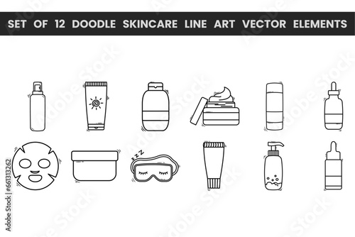 Set of 12 doodle skincare line art vector elements. Vector elements with skincare theme and doodle hand drawn style. Illustration.