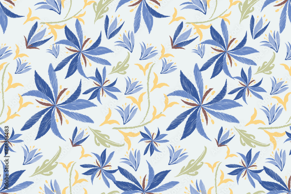 Fototapeta premium Floral Ikat pattern seamless paisley embroidery border with magnolia flower motifs background border oriental Japanese style. Ikat pattern seamless vector illustration design .